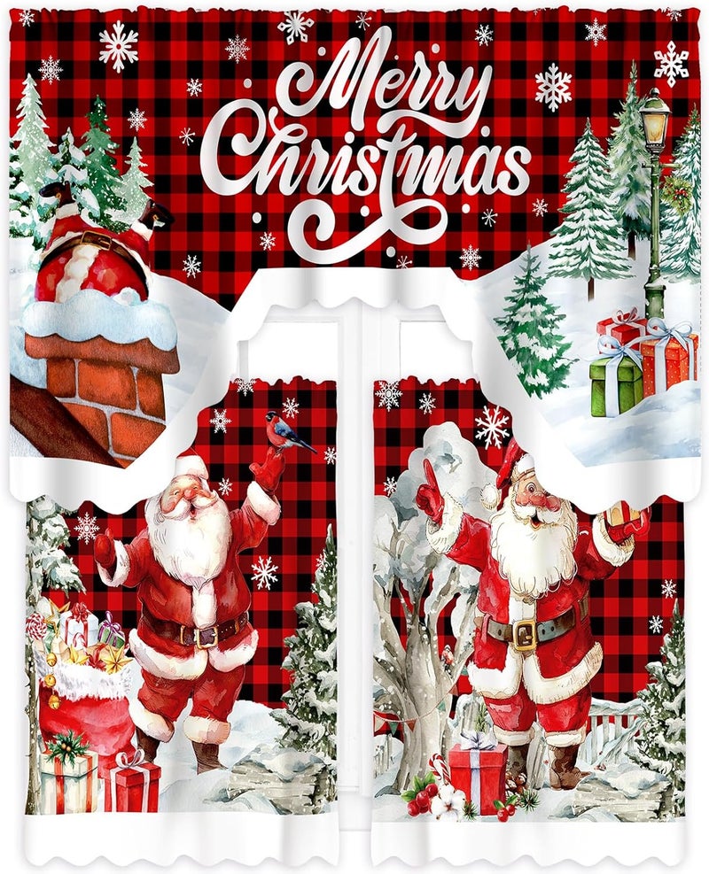 FuWeave Christmas Kitchen Curtains 3 Piece Set Santa Claus Window Curtains and Valance Set Xmas Curtain Swag for Kitchen Bedroom Living Room Decor, 60 x 36 Valance, 36 x 30 Tier - Image 1